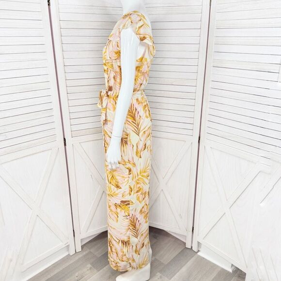 June & Hudson Tropical Print Belted Wide Leg Jumpsuit Pink Yellow Medium - Picture 2 of 12